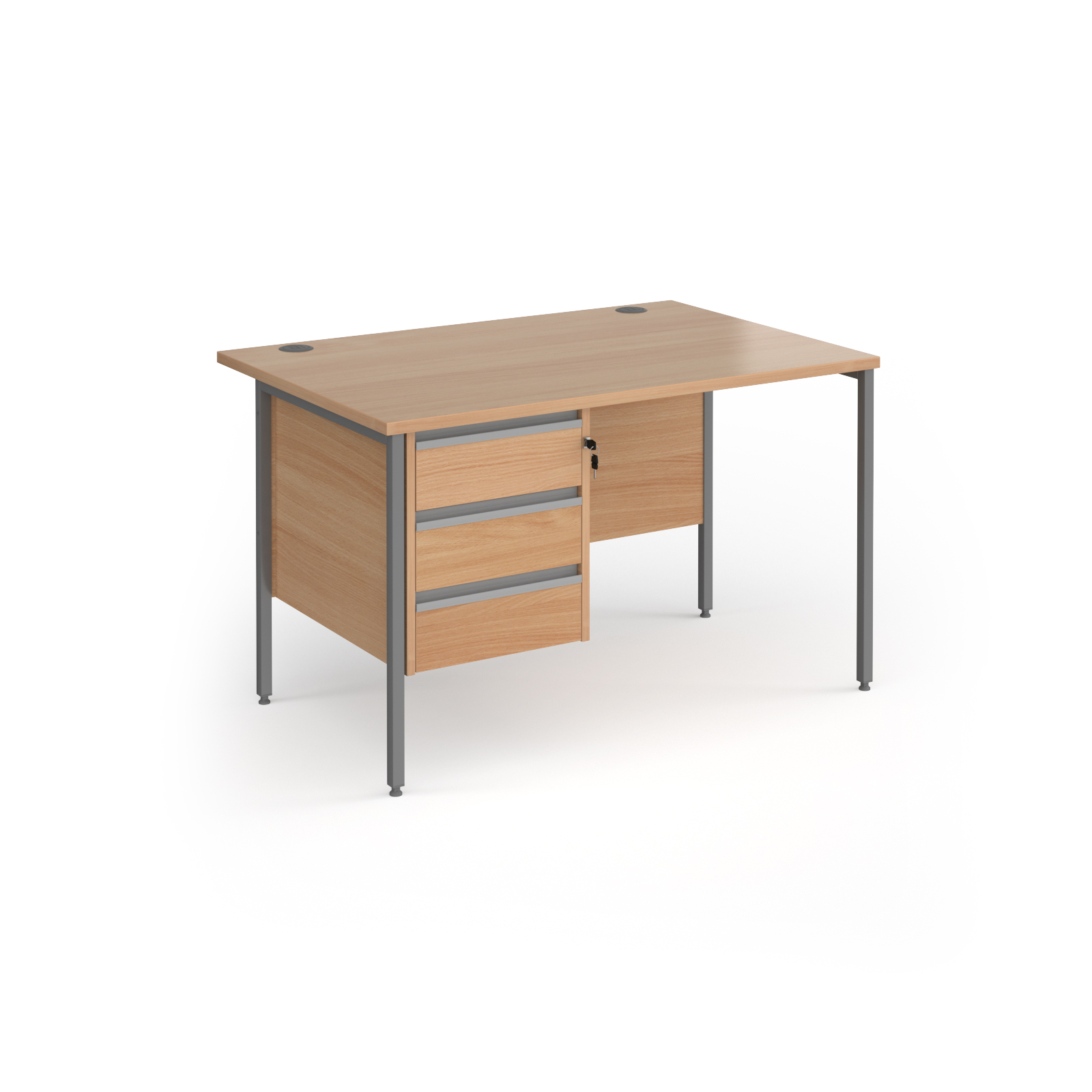 Contract+25+straight+desk+with+3+drawer+pedestal+and+graphite+H-Frame+leg+1200mm+x+800mm+-+Beech+top