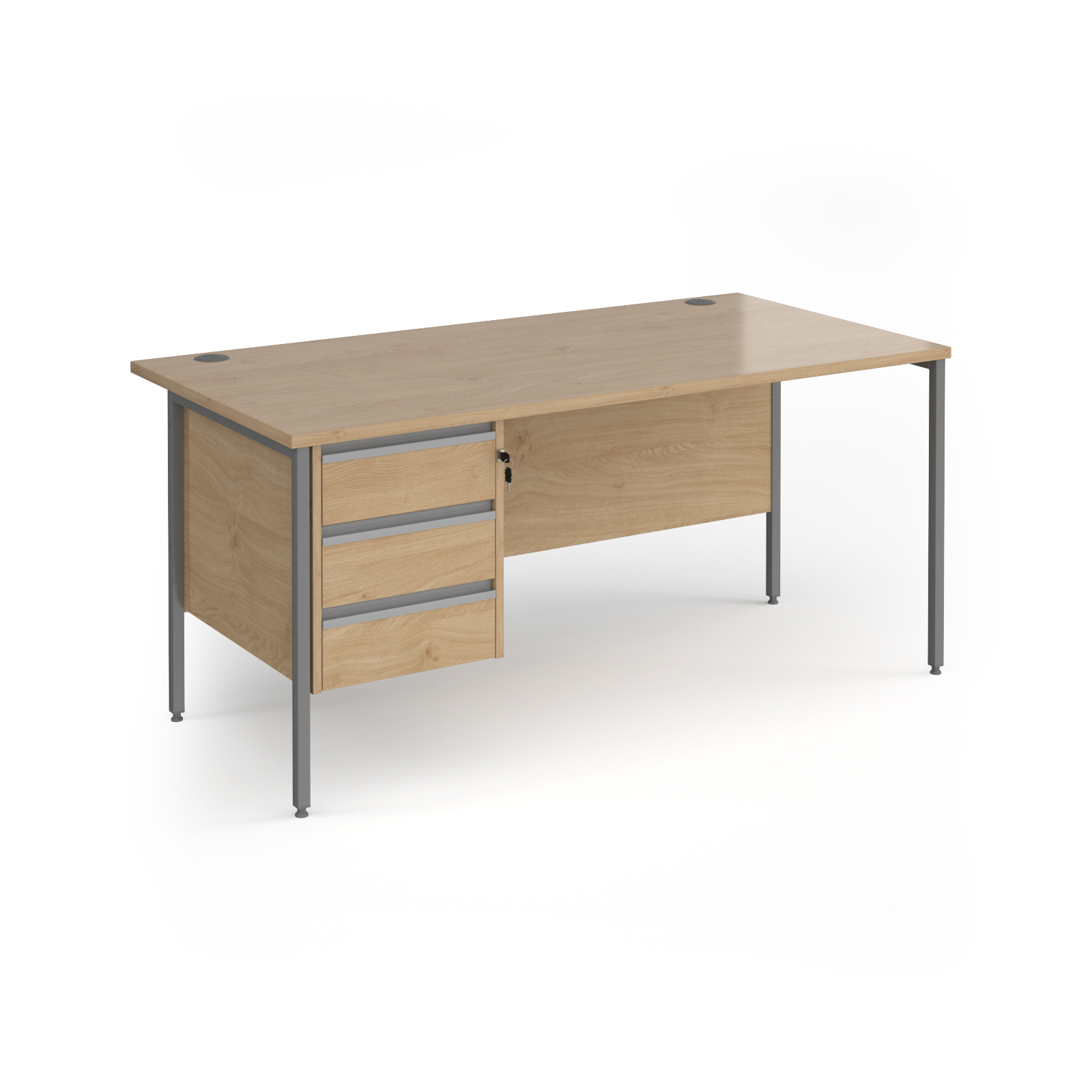 Contract+25+straight+desk+with+3+drawer+pedestal+and+graphite+H-Frame+leg+1600mm+x+800mm+-+Kendal+Oak+Top