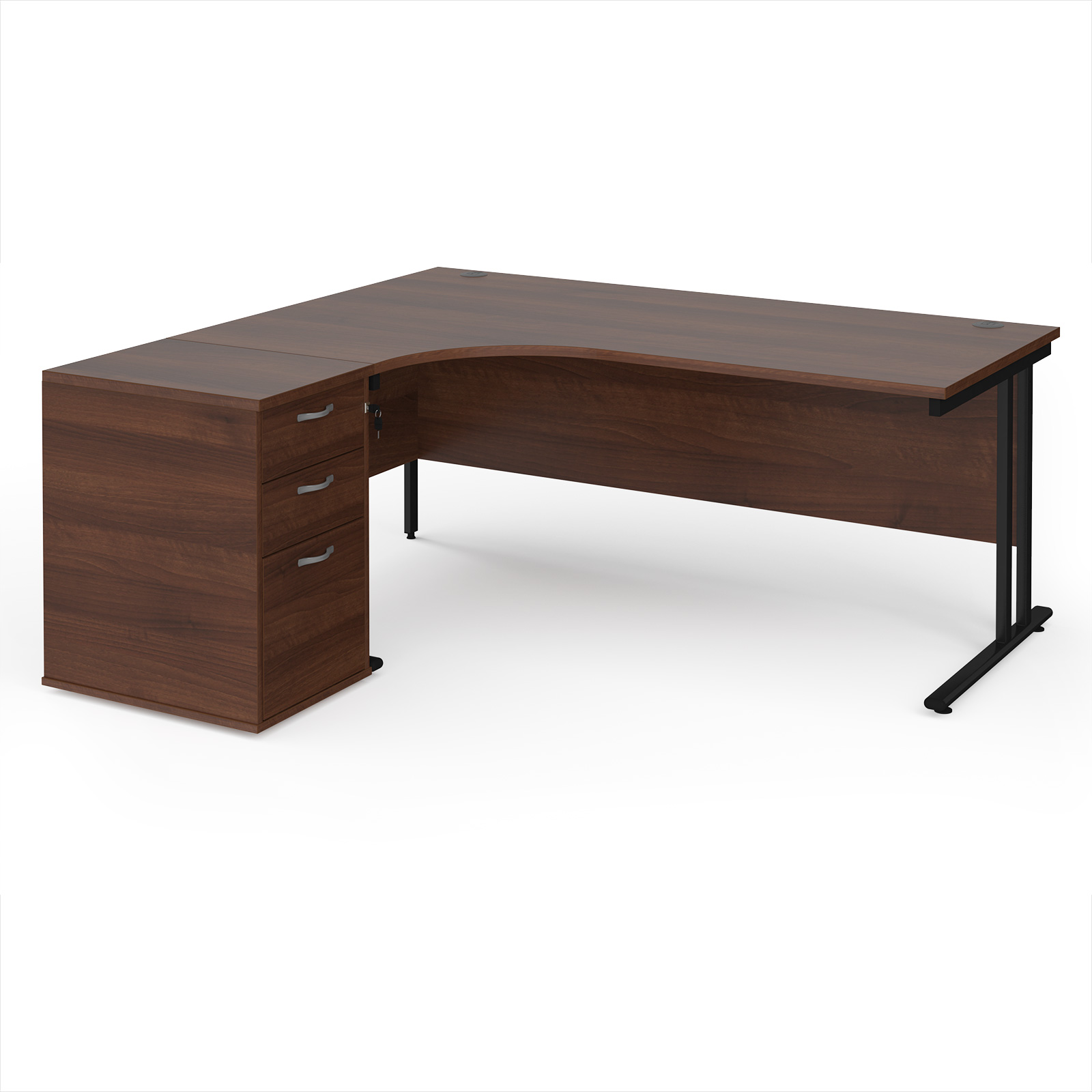 Maestro+25+left+hand+ergonomic+desk+1800mm+with+black+cantilever+frame+and+desk+high+pedestal+-+Walnut