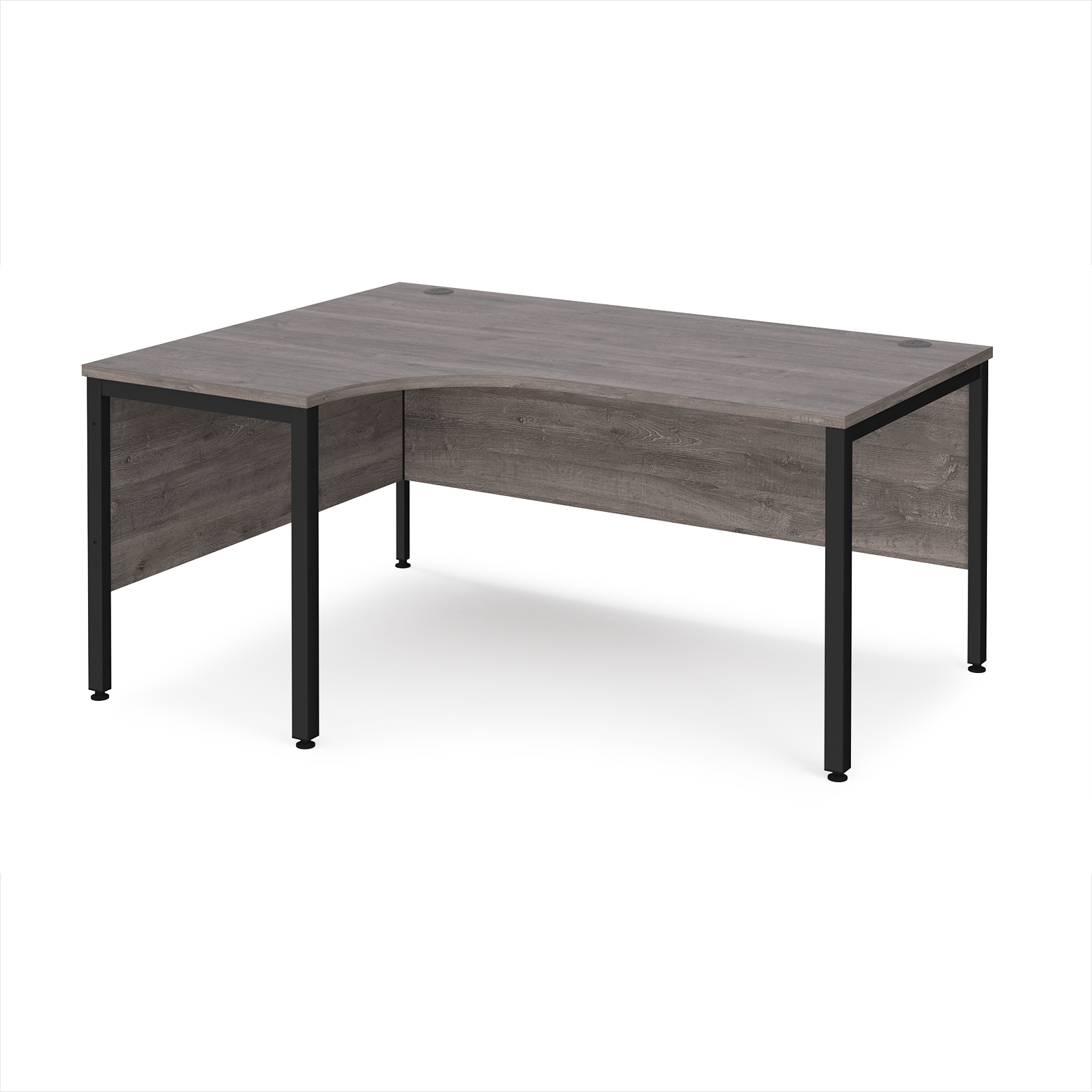 Maestro+25+left+hand+ergonomic+desk+1600mm+wide+-+black+bench+leg+frame%2C+Grey+Oak+Top