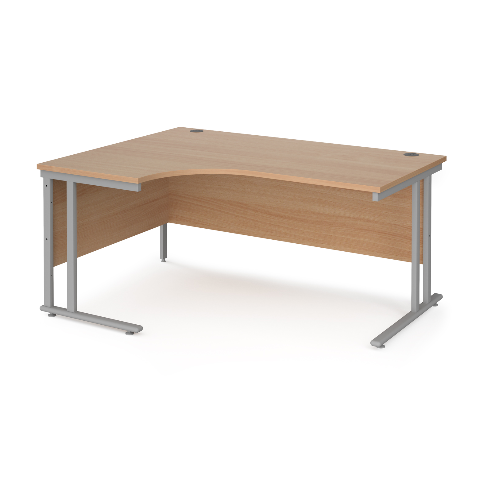 Maestro+25+left+hand+ergonomic+desk+1600mm+wide+-+silver+cantilever+leg+frame%2C+Beech+top