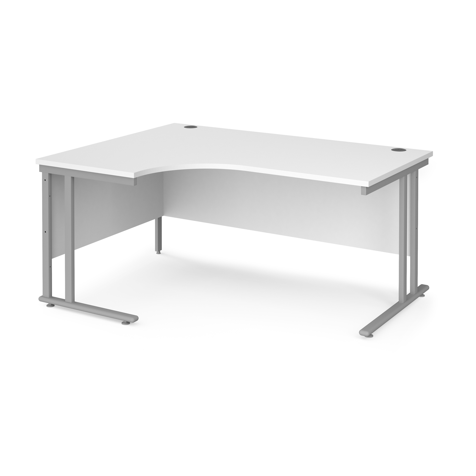 Maestro+25+left+hand+ergonomic+desk+1600mm+wide+-+silver+cantilever+leg+frame%2C+White+Top