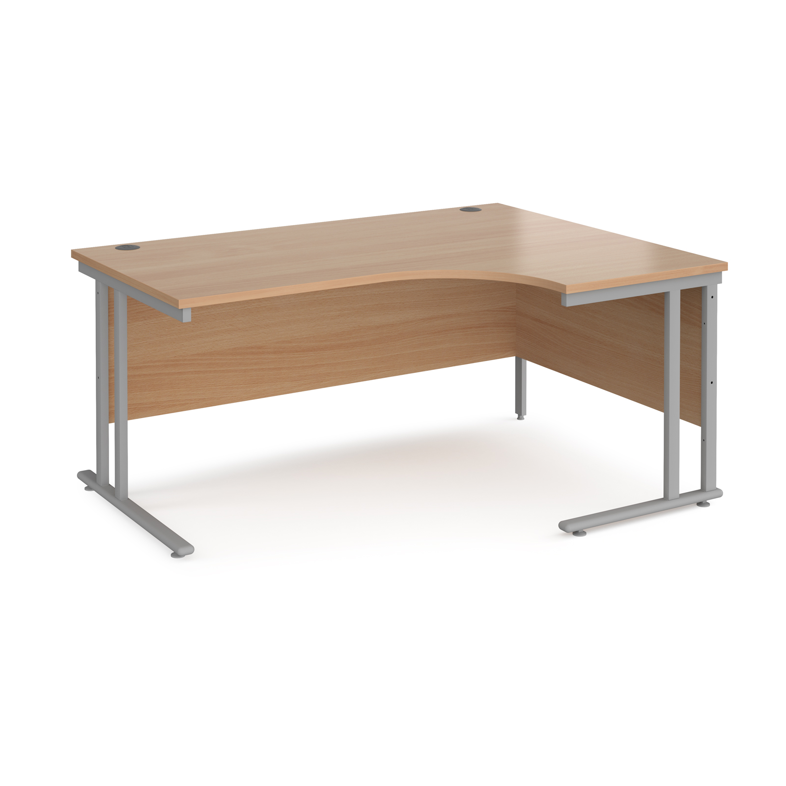 Maestro+25+right+hand+ergonomic+desk+1600mm+wide+-+silver+cantilever+leg+frame%2C+Beech+top