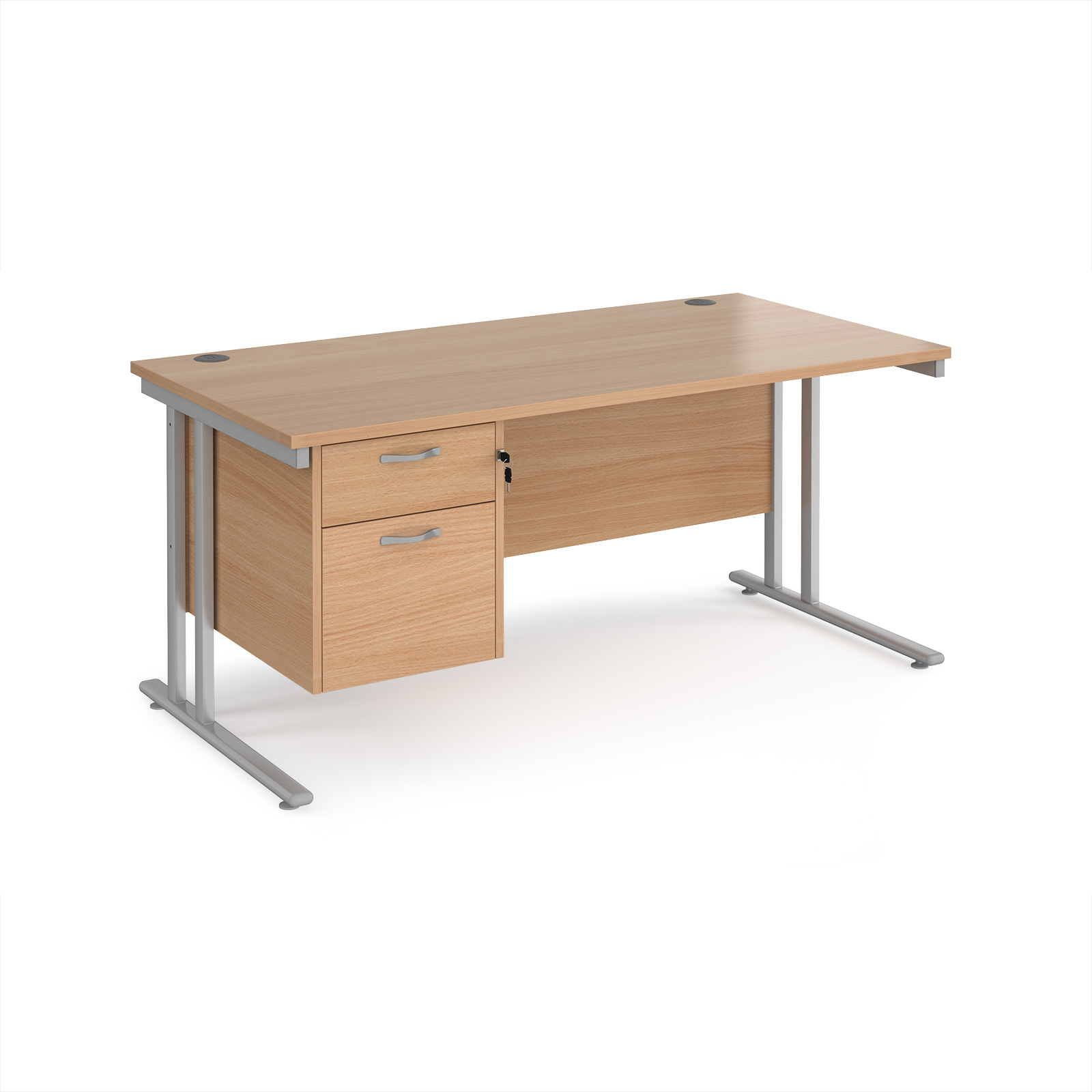 Maestro+25+straight+desk+1600mm+x+800mm+with+2+drawer+pedestal+-+silver+cantilever+leg+frame%2C+Beech+top