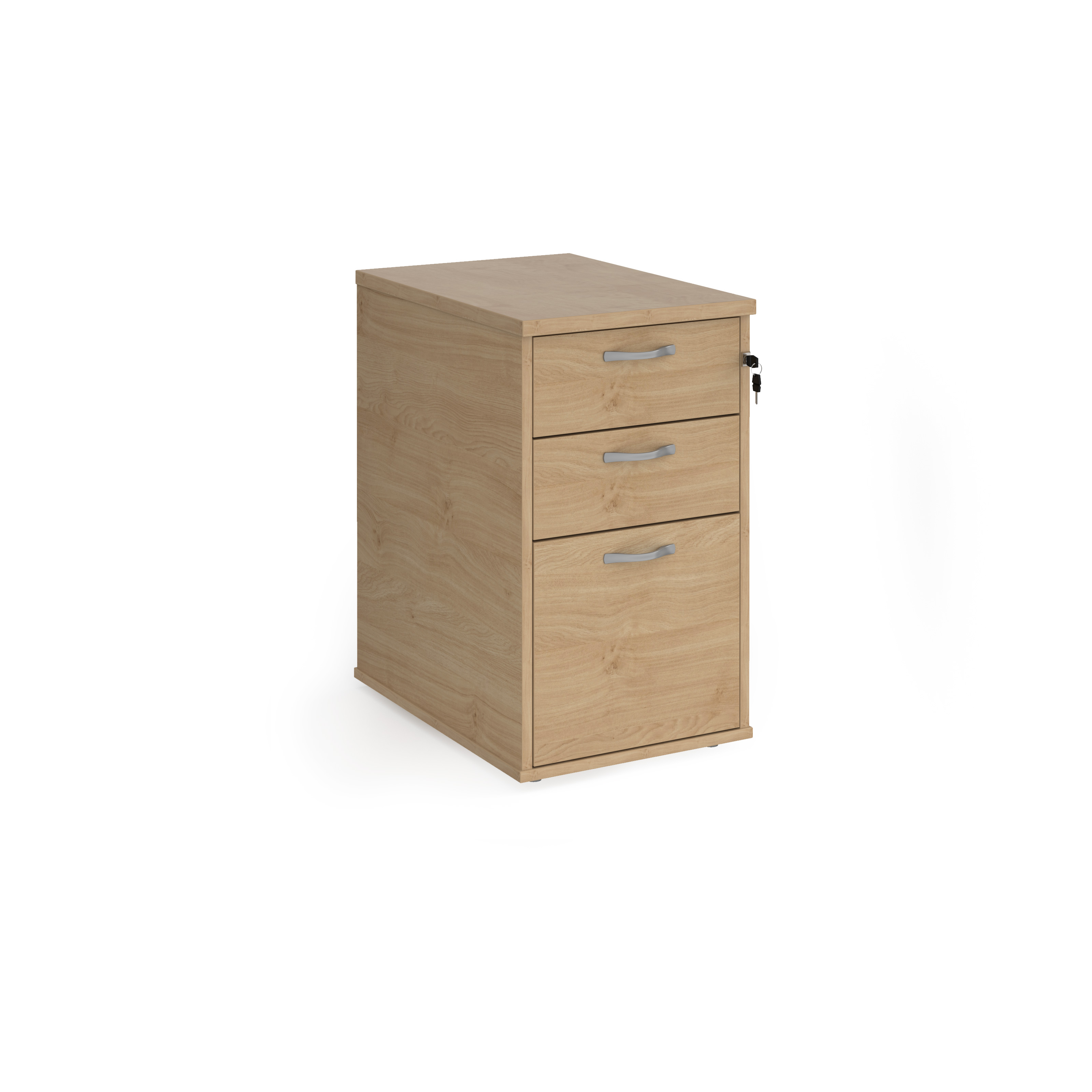 Desk+high+3+drawer+pedestal+with+silver+handles+600mm+deep+-+Kendal+Oak