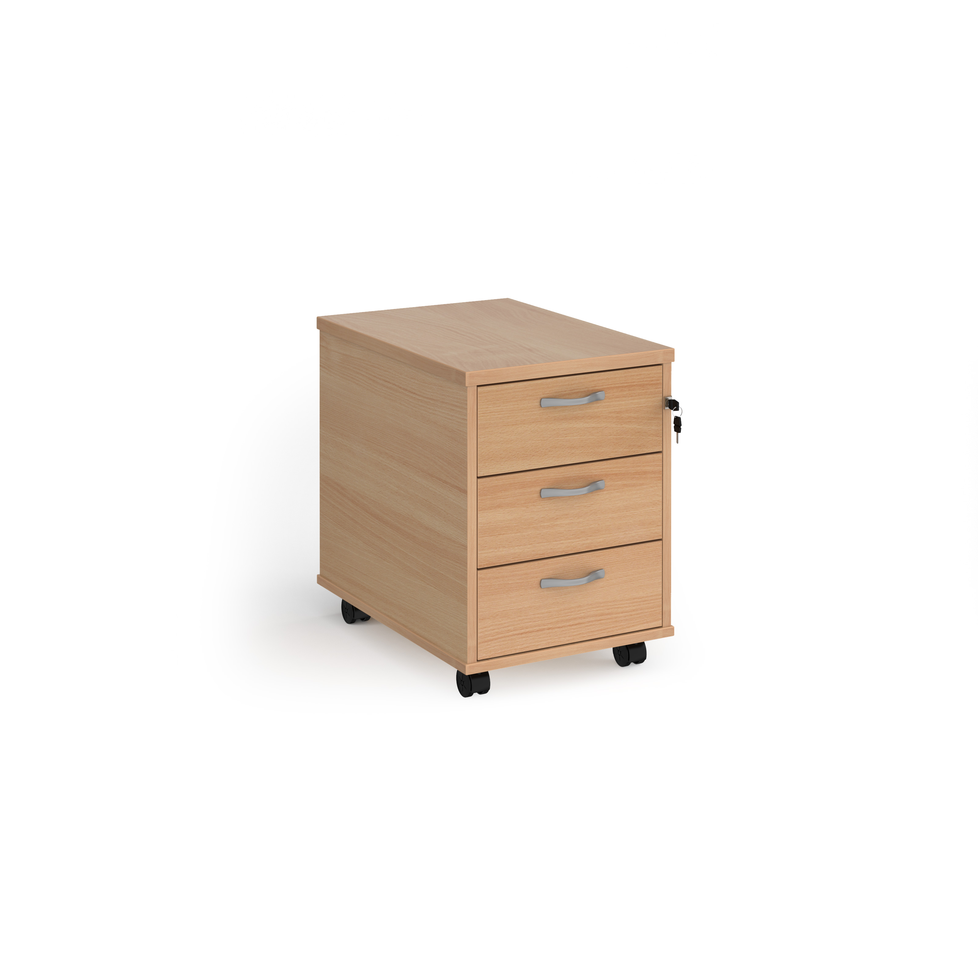 Mobile+3+drawer+pedestal+with+silver+handles+600mm+deep+-+Beech
