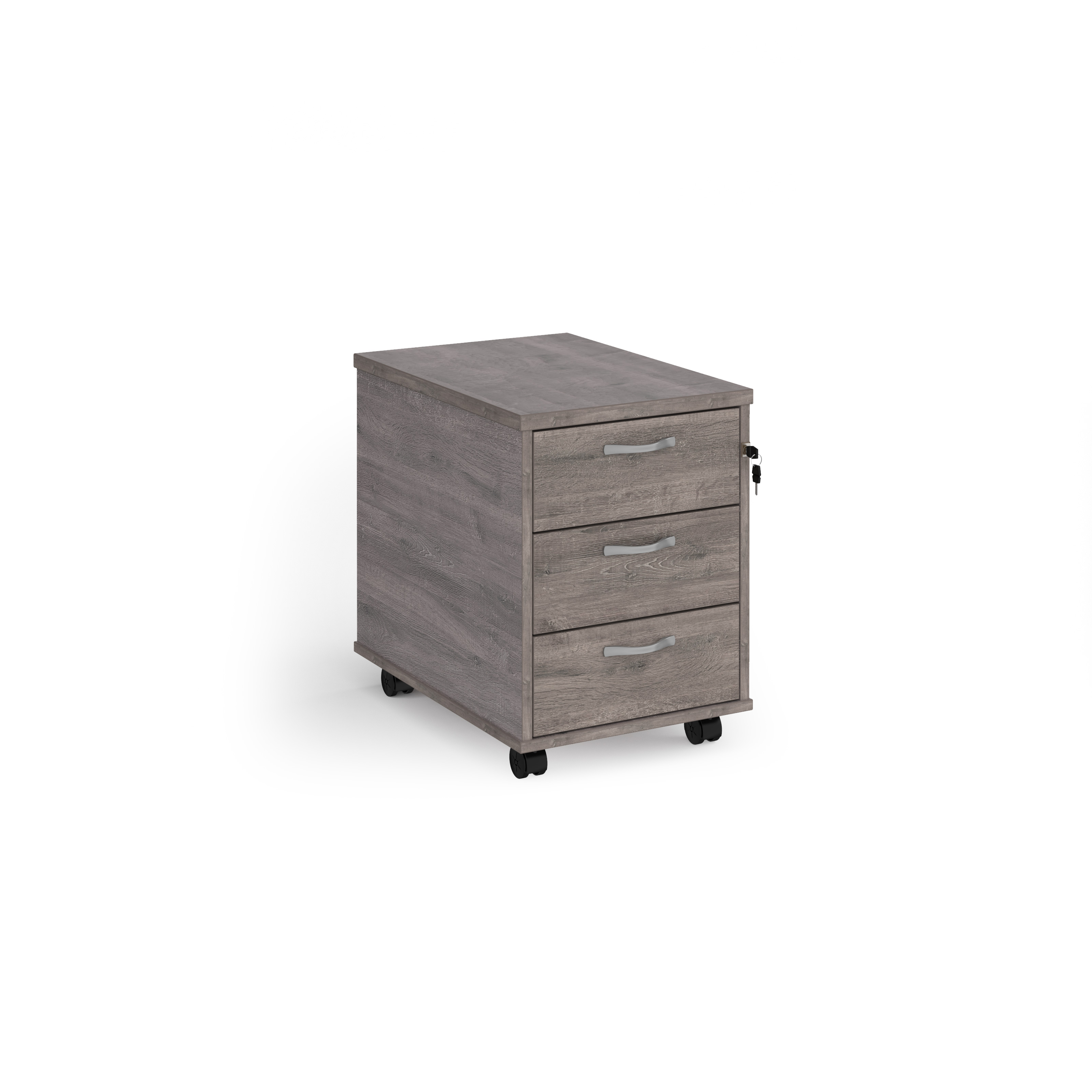 Mobile+3+drawer+pedestal+with+silver+handles+600mm+deep+-+Grey+Oak