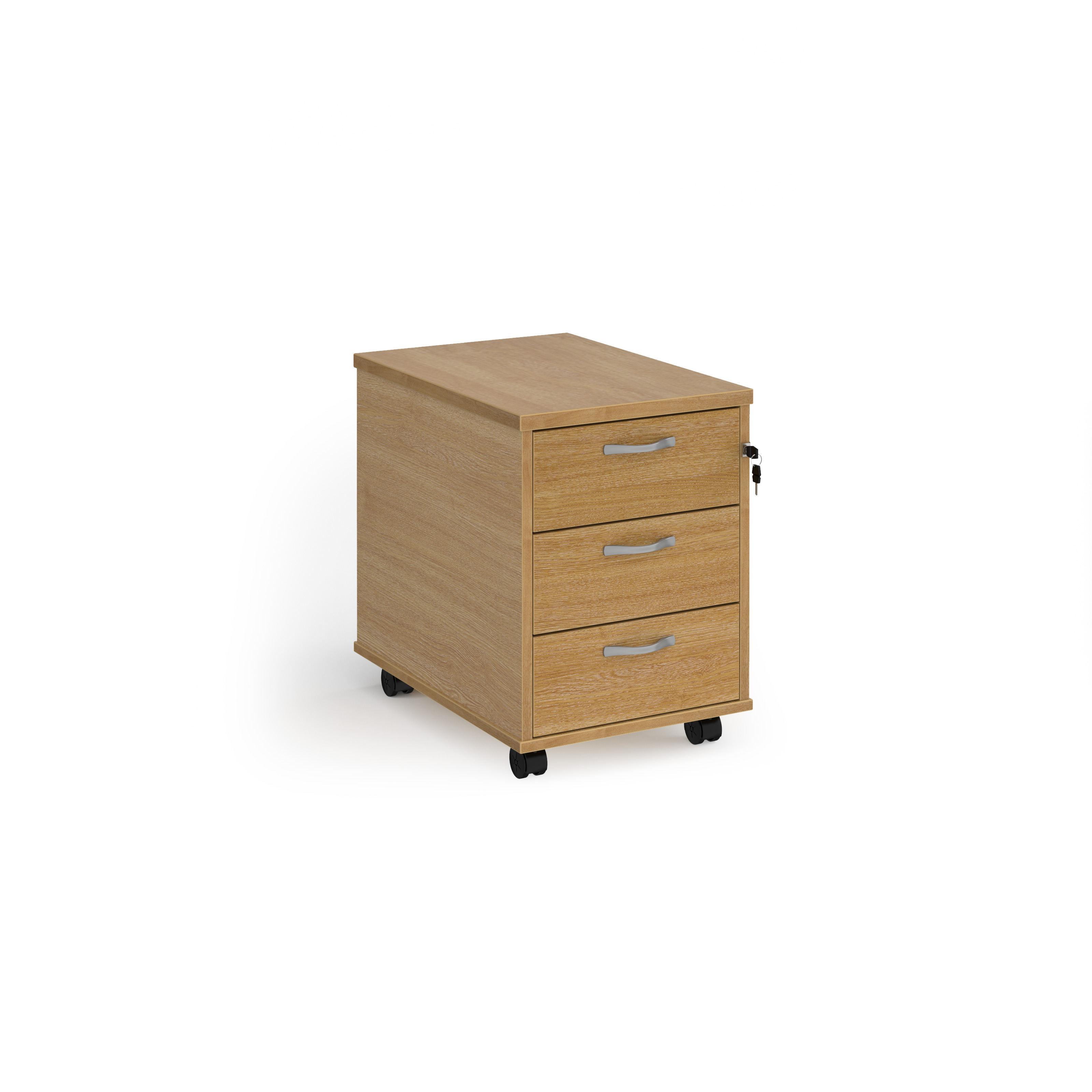Mobile+3+drawer+pedestal+with+silver+handles+600mm+deep+-+oak