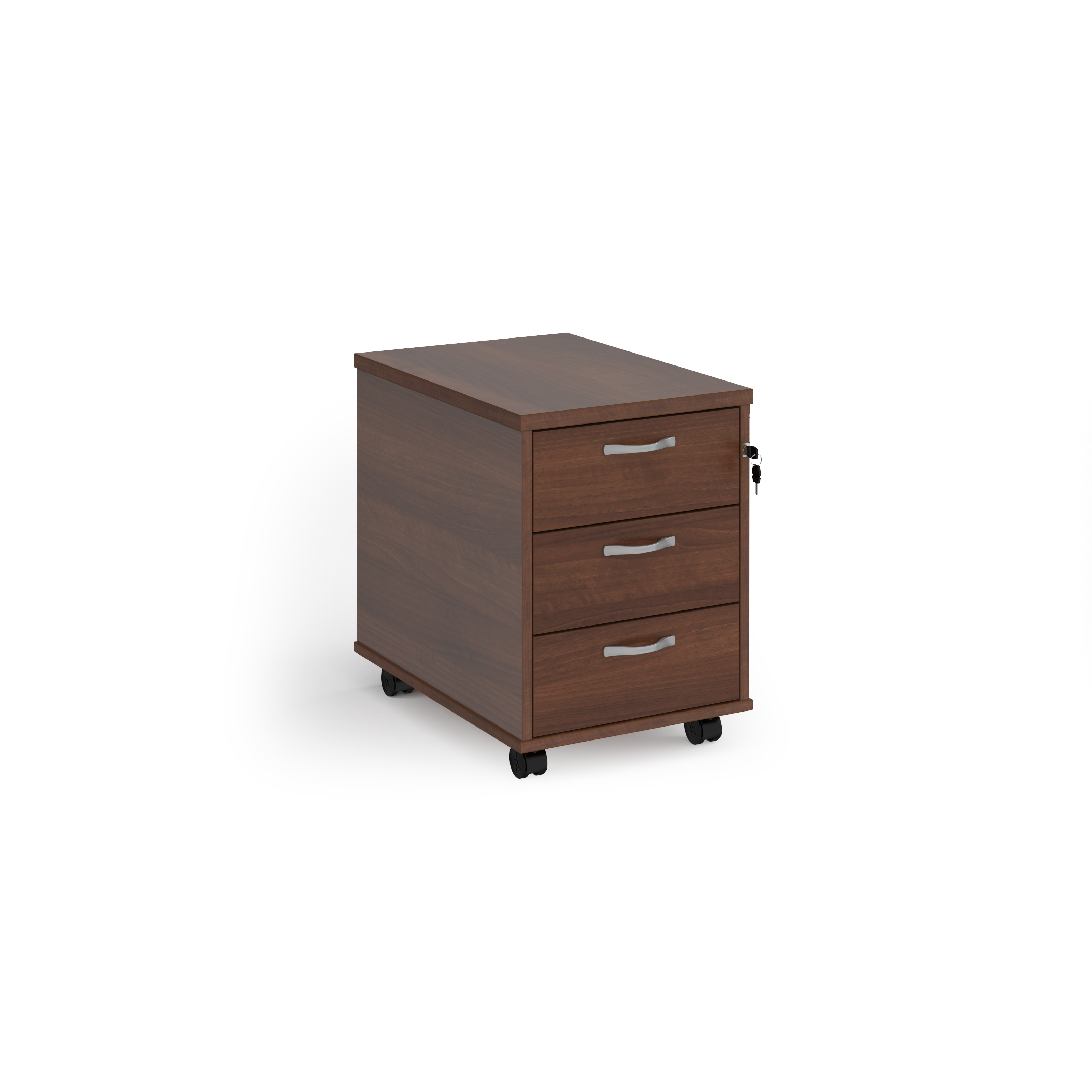 Mobile+3+drawer+pedestal+with+silver+handles+600mm+deep+-+Walnut