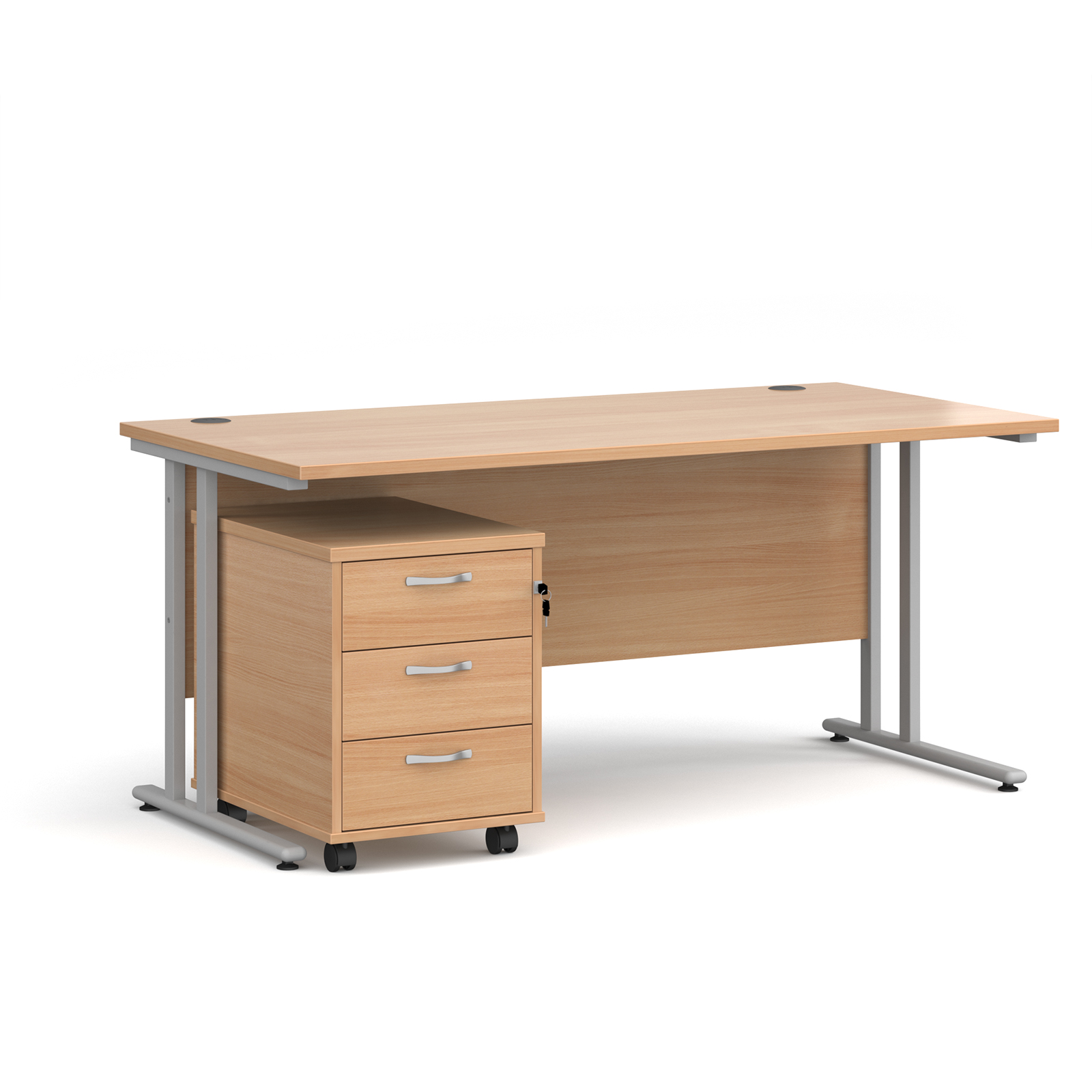 Maestro+25+straight+desk+1600mm+x+800mm+with+silver+cantilever+frame+and+3+drawer+pedestal+-+Beech