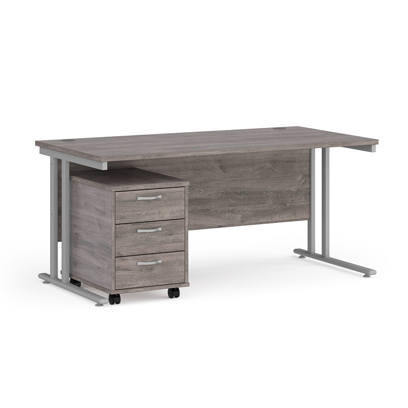 Maestro+25+straight+desk+1600mm+x+800mm+with+silver+cantilever+frame+and+3+drawer+pedestal+-+Grey+Oak