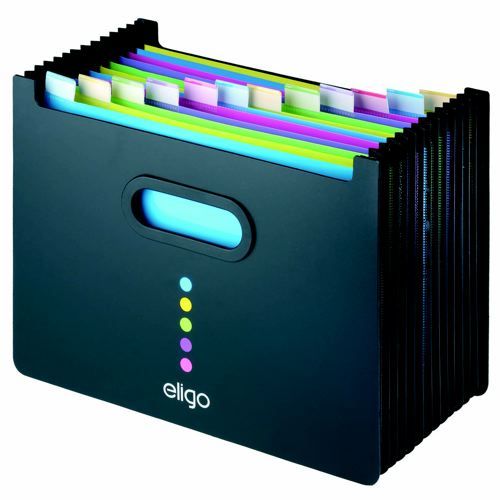 Snopake+Eligo+Desk+Organiser+Expanding+Polypropylene+With+ColourCoded+Tabs+13Part+Landscape+Black
