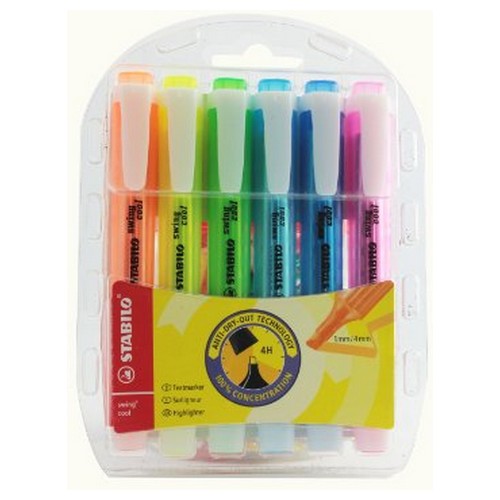 Stabilo+Swing+Cool+Highlighter+WaterBased+Chisel+Tip+14Mm+Line+Assorted+Wallet+Of+6