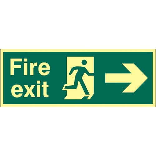 Fire+Exit+Sign+with+running+man+and+arrow+right+%28400+x+150mm%29.+Made+from+1.3mm+rigid+photoluminescen