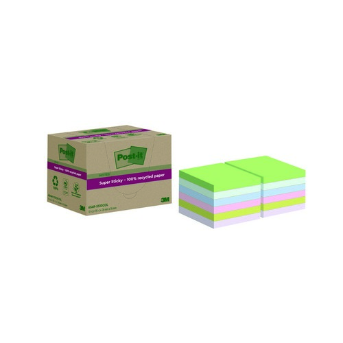 PostIt+Super+Sticky+Recycle+76x76+Assorted+Pack+12