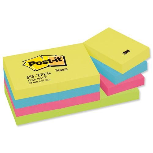 Post-it+Colour+Notes+Pad+of+100+Sheets+38x51mm+Energetic+Palette+Rainbow+Colours+Ref+653TF+Pack+12
