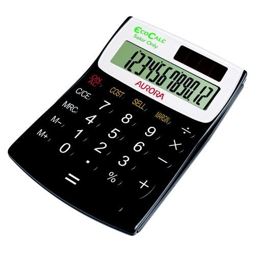Aurora+EcoCalc+Desktop+Calculator+Recycled+Solar+And+Battery+Power+12+Digit+3+Key+Memory