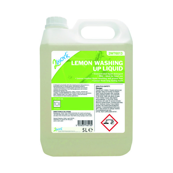 2Work Washing Up Liquid Lemon Scent 5 Litre Bulk Bottle 2W76013