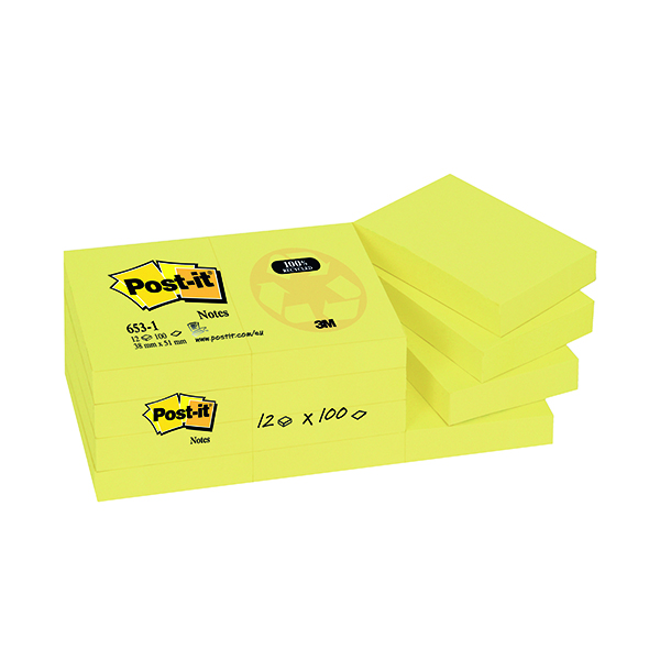 Post-it Notes Recycled 38 x 51mm Canary Yellow (Pack of 12) 653-1