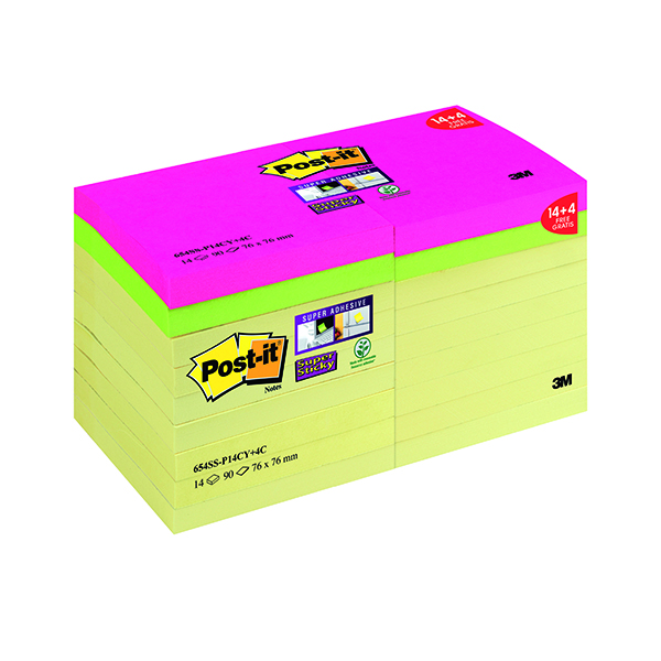Post-it Super Sticky 76 x 76mm Canary Yel (Pack of 18) 654SS-P14CY+4C