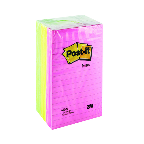 Post-it Notes XXL 101 x 152mm Lined Neon Assorted (Pack of 6) 660N