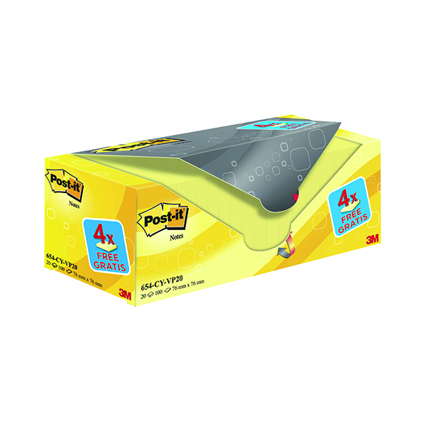 Post-it Notes 76 x 76mm Canary Yellow (Pack of 20) 654CY-VP20