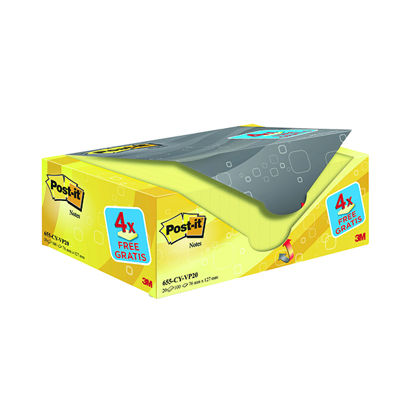 Post-it Notes 76 x 127mm Canary Yellow (Pack of 20) 655CY-VP20