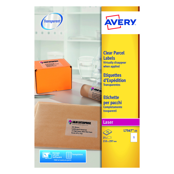 Avery Laser Parcel Label 1 Per Sheet Clear (Pack of 25) L7567-25