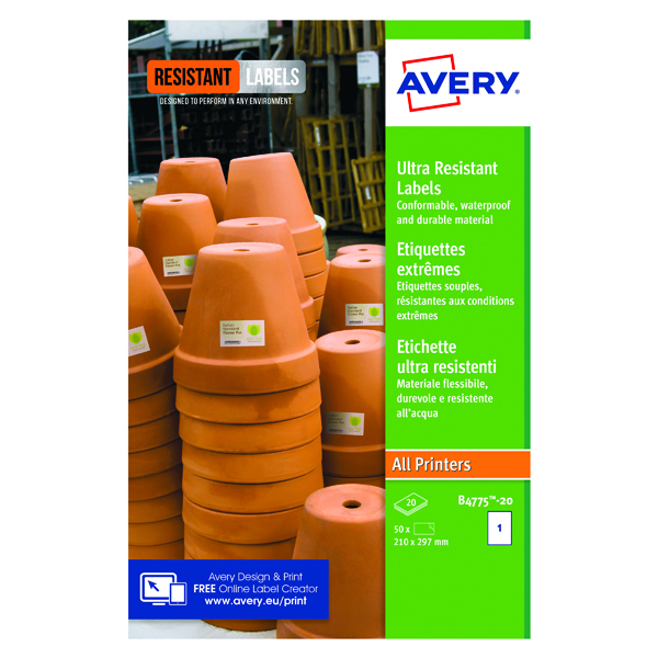 Avery Ultra Resistant Labels 210x297mm (Pack of 20) B4775-20