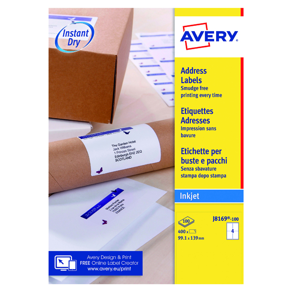 Avery Inkj Labels 139x99.1mm 4 Per Sheet White (Pack of 400) J8169-100