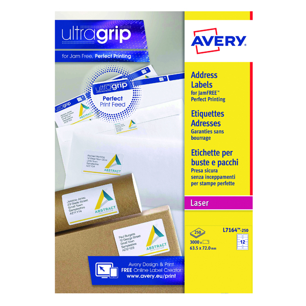 Avery Ultragrip Laser Labels 63.5x72mm White (Pack of 3000) L7164-250