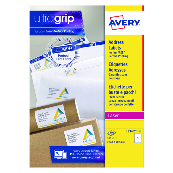 Avery Ultragrip Laser Labels 199.6x289.1mm Wht (Pack of 100) L7167-100