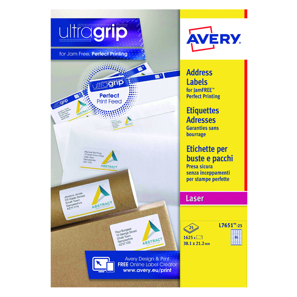 Avery Laser Labels 38.1 x 21.2mm White (Pack of 1625) L7651-25