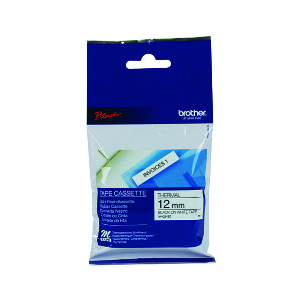 Brother P-Touch M Tape 12mm Black /White (Width: 12mm, length 8 metres) MK231BZ