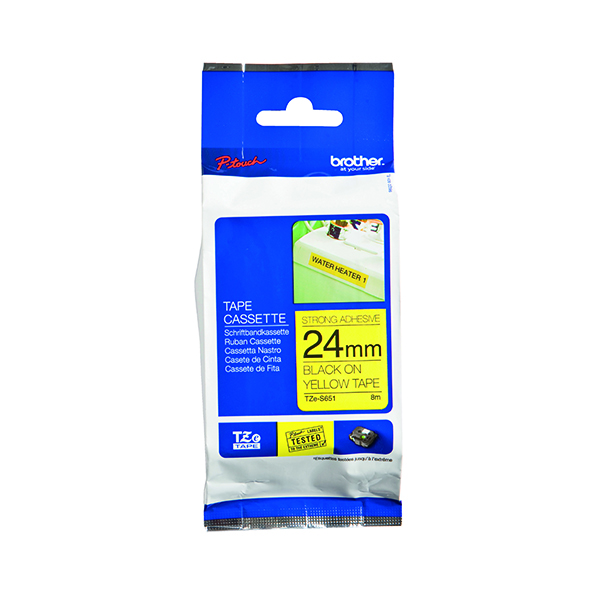 Brother P-Touch Tape 24mm Black on Yellow (Fade resistant and wipe- clean) TZES651