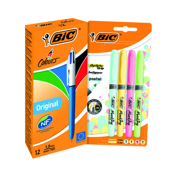 Bic 4 Colours Retractable Ballpoint Pen FOC Highlighters (Pack of 16) BC810764