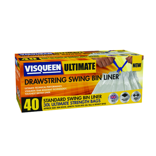 Visqueen Ultimate Drawstring Swing Bin Liner 30 Litre White (Pack of 40) RS057767