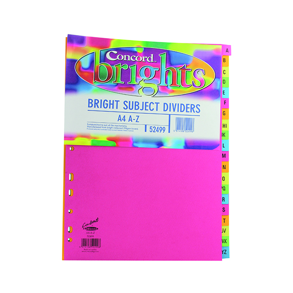 Concord Index A-Z 20-Part A4 160gsm Bright Assorted (Pack of 10) 52499