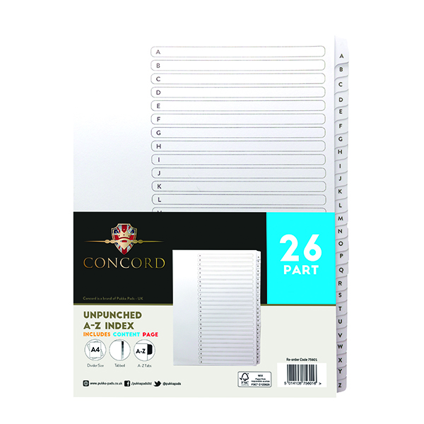 Concord Unpunched Index A-Z 26 Part A4 160gsm White (Pack of 5) 75601