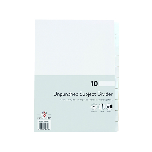 Concord Unpunched Divider 10-Part A4 160gsm White (Pack of 10) 75801