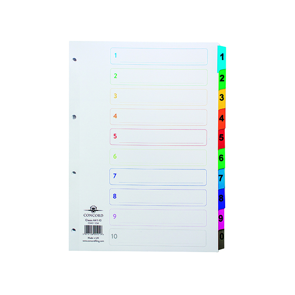Concord+Index+1-10+A4+White+with+Multicoloured+Mylar+Tabs+00401%2FCS4