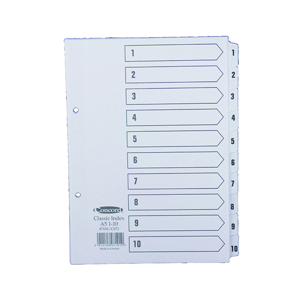 Concord+Reinforced+Index+1-10+A5+White+Board+Mylar+Tabs+07101%2FCS71