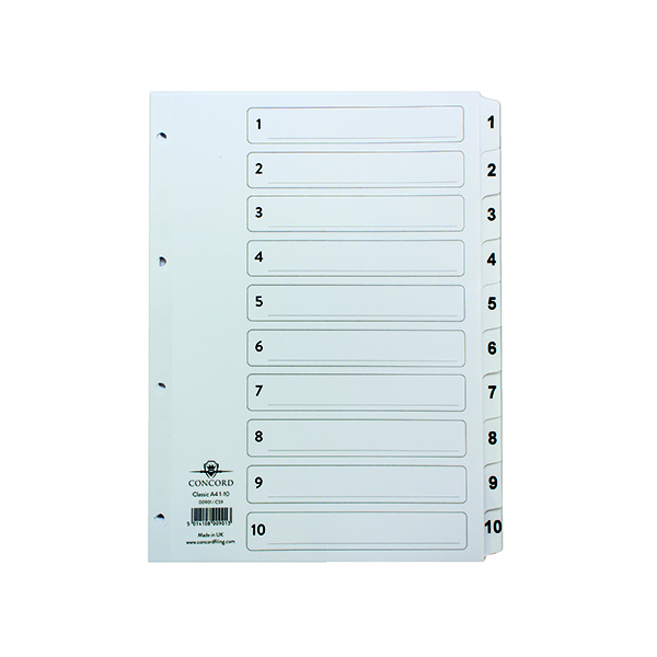 Concord+Classic+Index+1-10+A4+White+Board+Clear+Mylar+Tabs+00901%2FCS9