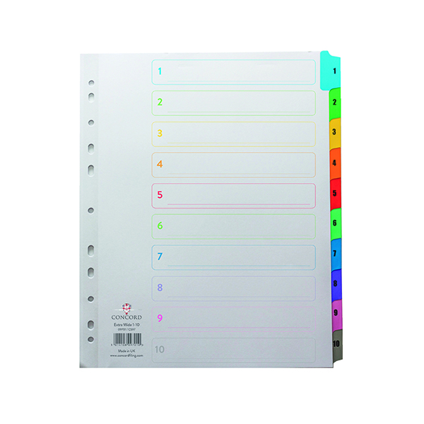 Concord+Index+1-10+A4+Extra+Wide+Multicoloured+Mylar+Tabs+09701%2FCS97