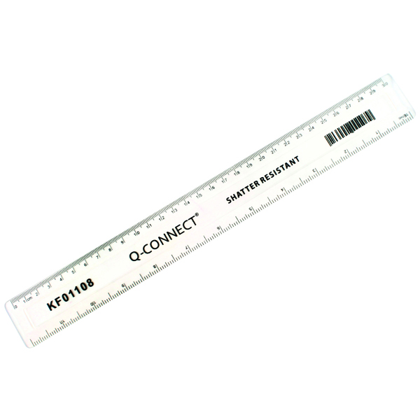Q-Connect Ruler Shatterproof 300mm Clear (Features inches on one side and cm/mm on the other)KF01108