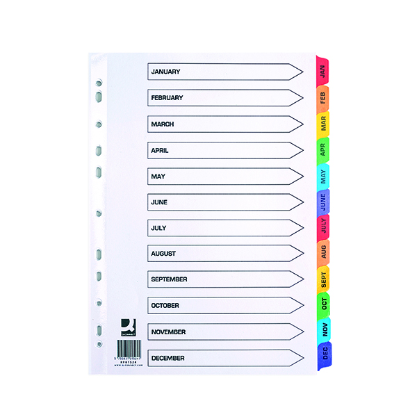 Q-Connect+Multi-Punched+January-December+Reinforced+Multi-Colour+A4+Index+Pre-Printed+Tabs+KF01524