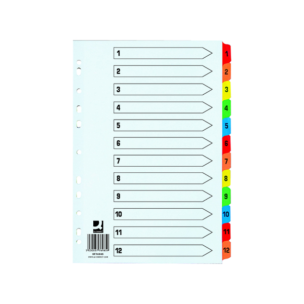 Q-Connect+1-12+Index+Extra+Wide+Reinforced+Multi-Colour+Tabs+KF76985
