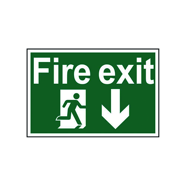 Spectrum Industrial Fire Exit RM Arrow Down S/A PVC Sign 300x200mm 1503