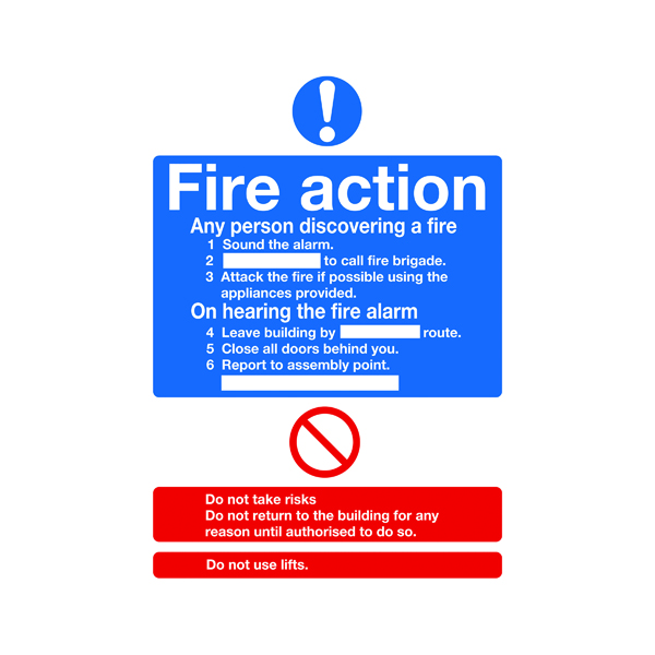 Safety Sign Fire Action Words A4 Self Adhesive FR03550S